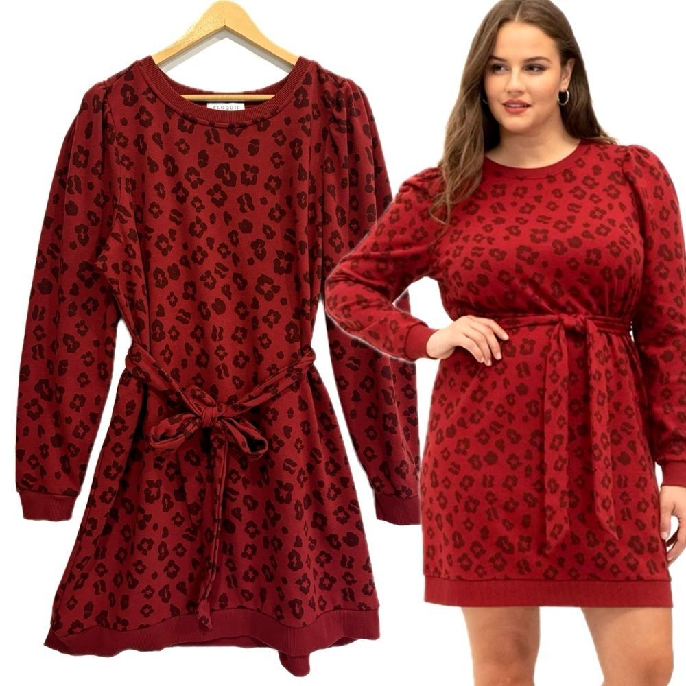 Eloquii Elements Puff Sleeve Leopard Sweatshirt Dress Size 18/20 Belted Crewneck